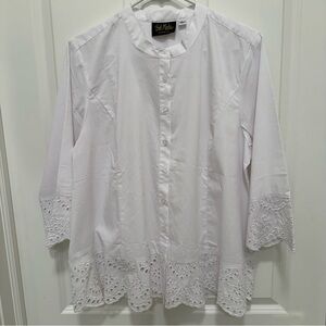 Bob Mackie Wearable Art Embroidered Scalloped White Button Down Shirt Sz L